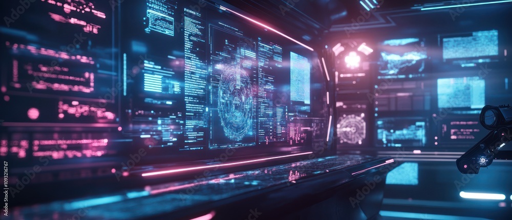 Futuristic control room with glowing screens and robotic arm, showcasing advanced technology. Futuristic control room with glowing screens and robotic arm, showcasing advanced technology.