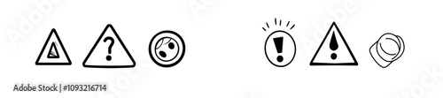 Exclamation points. Danger alerts set off, risk signs. Attention icons. Warning and caution symbols.