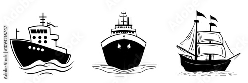 Isolated clipart of a ship, black cruise ship icon. Ocean vessel in front view, cargo boat icon. Marine sign for freight and travel, ship line symbol, boats and vessels for sea travel.