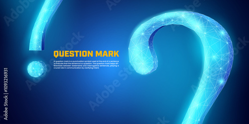 Question mark symbol in glowing low poly style, suitable for presentation backgrounds, futuristic technology banners, advertisements, social media posts, and customer service.