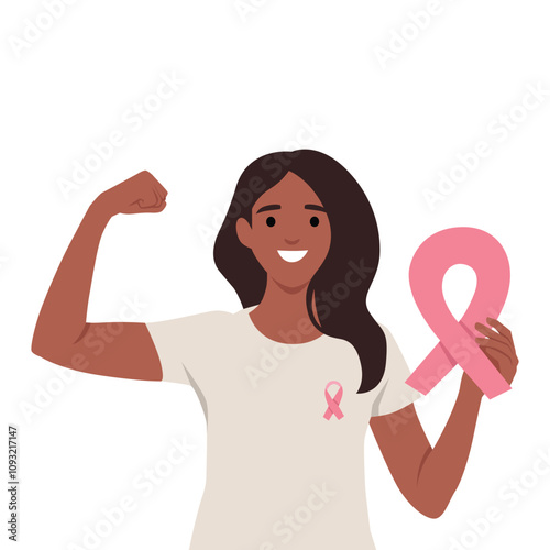 Young woman is holding a pink ribbon while flexing her biceps. Flat vector illustration isolated on white background