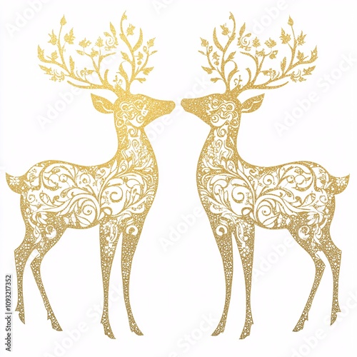 A Detailed Golden Reindeer Silhouette with Fine Decorative Patterns on White background