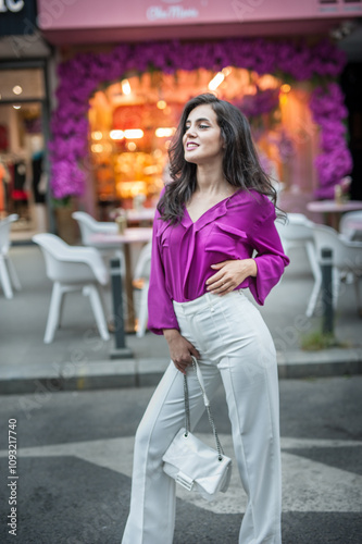Obraz na płótnie Young beautiful brunette woman in a pink jacket and white pants posing on the street. Portrait of a beautiful young woman in a purple blouse and white pants posing in an outdoor cafe on the street w salonie