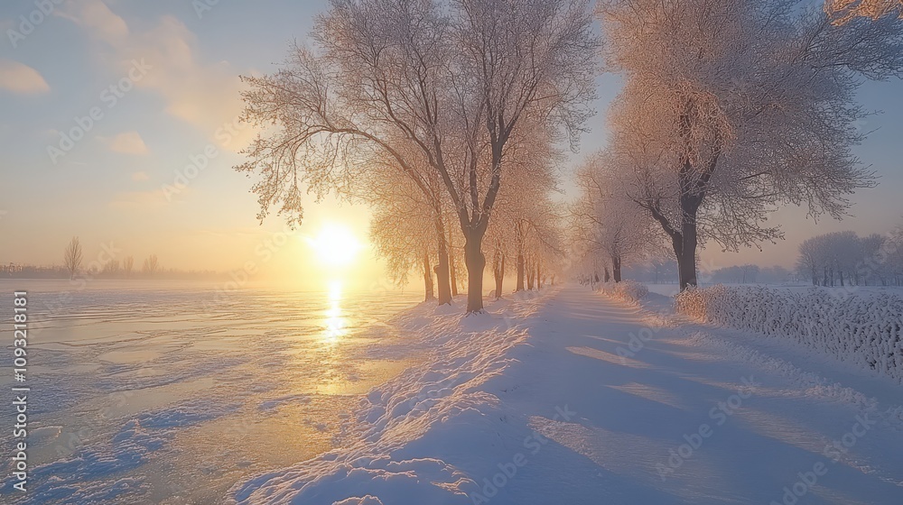 A serene winter landscape with frosted trees and a glowing sunrise over a frozen river. A serene winter landscape with frosted trees and a glowing sunrise over a frozen river.