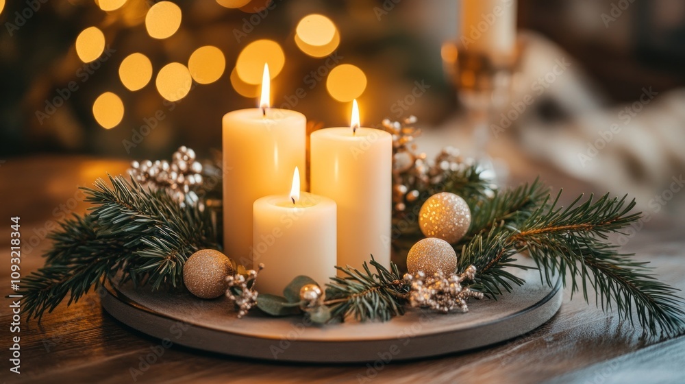 Three Candles Adorned With Festive Christmas Decorations Three Candles Adorned With Festive Christmas Decorations