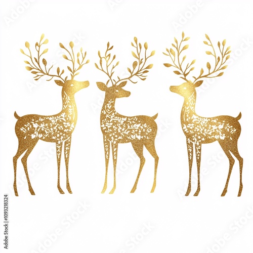 A Detailed Golden Reindeer Silhouette with Fine Decorative Patterns on White background