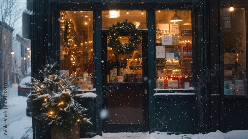 A snowy street view through the window of a warm coffee shop, decorated for Christmas with candles, wreaths, and garlands.