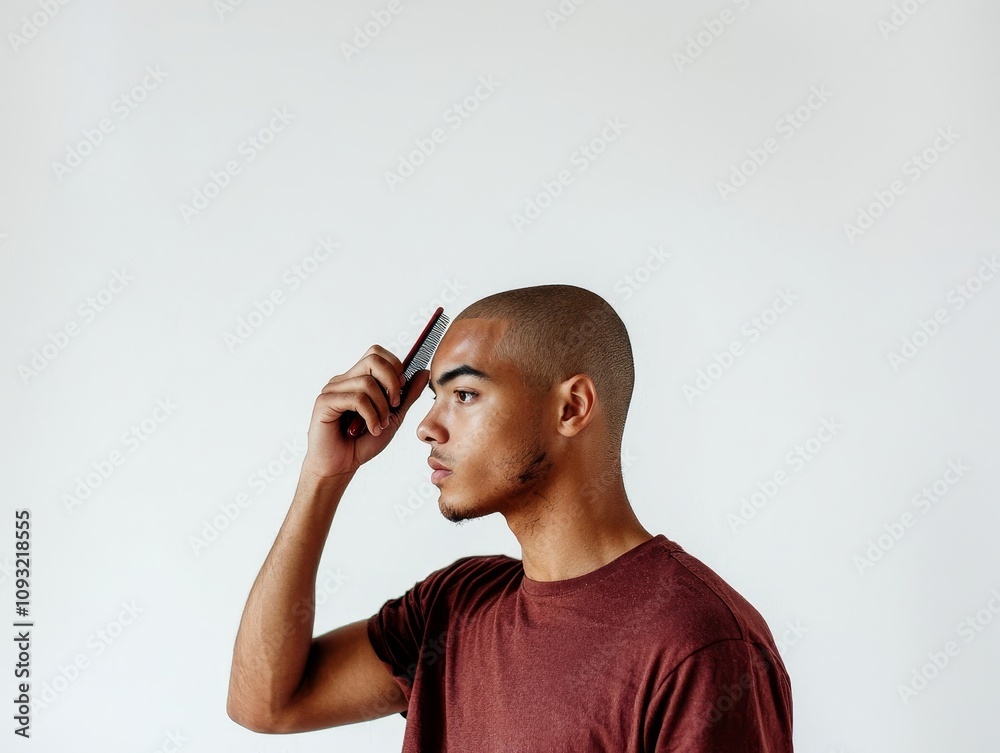 On a white background, a young man holds a hair comb as he talks about hair loss On a white background, a young man holds a hair comb as he talks about hair loss