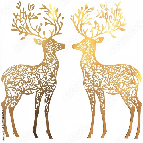 A Detailed Golden Reindeer Silhouette with Fine Decorative Patterns on White background