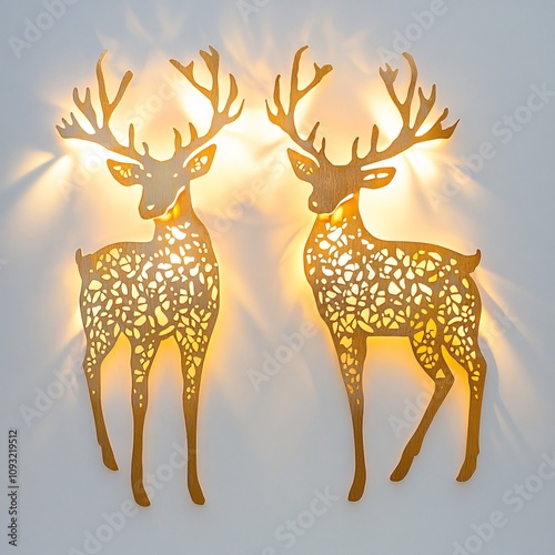 A Detailed Golden Reindeer Silhouette with Fine Decorative Patterns on White background