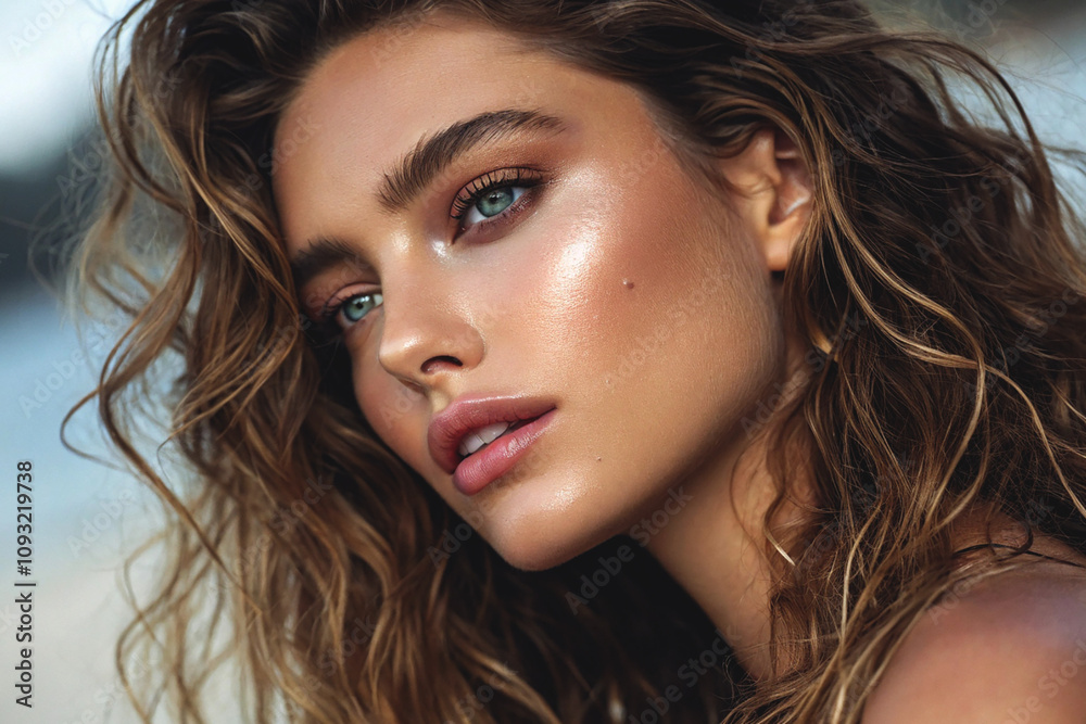 portrait of a beautiful woman with wavy wet hair and shimmering moisturized skin