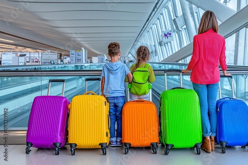 Family at airport with colorful luggage, ready for adventure and travel. photo