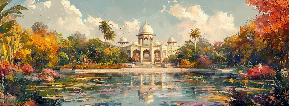 Obraz premium A royal Mughal garden, opulent and grand with majestic pavilions