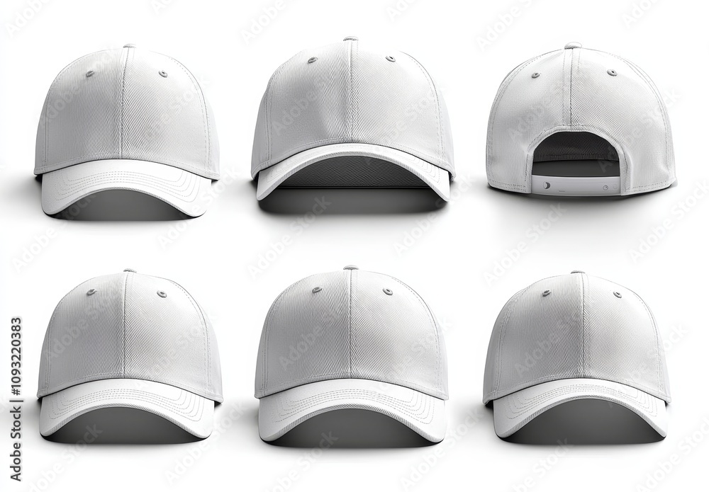 Mockup of a white baseball cap from four different angles. Mockup of a white baseball cap from four different angles.