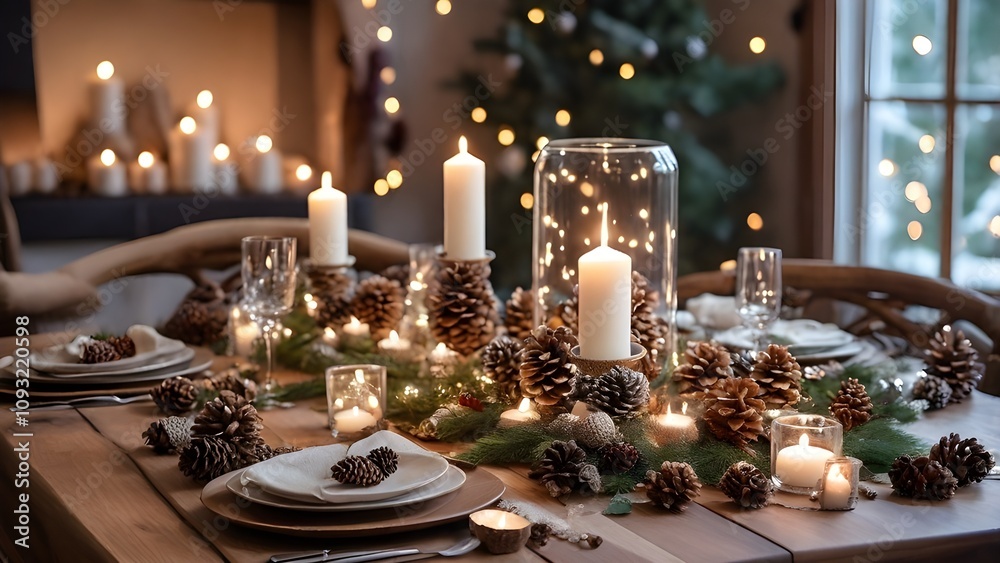 Enchanting Christmas Table Setting with Pine Cones, Lit Candles, and Twinkling Lights for a Cozy Holiday Atmosphere Enchanting Christmas Table Setting with Pine Cones, Lit Candles, and Twinkling Lights for a Cozy Holiday Atmosphere