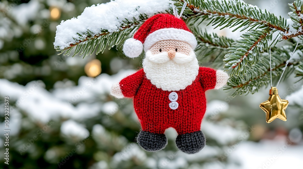 Cute knitted Santa ornament hangs on snowy pine tree