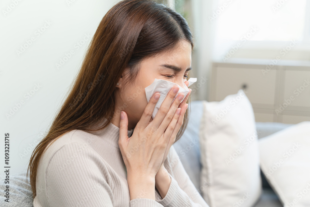 Female unhealthy Sickness, asian young woman, girl unwell and coughing, have cold, sore throat isolated white background suffering with symptom cough feeling bad. Healthcare of Coronavirus, covid-19. Female unhealthy Sickness, asian young woman, girl unwell and coughing, have cold, sore throat isolated white background suffering with symptom cough feeling bad. Healthcare of Coronavirus, covid-19.
