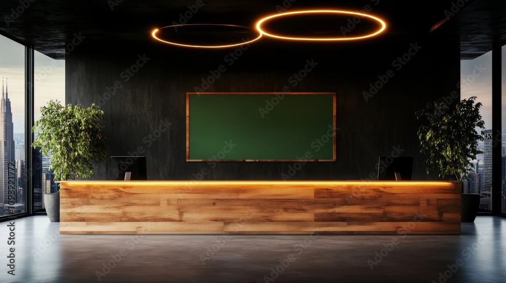 Modern office reception area with a wooden desk, green board, and city view. Warm lighting creates a welcoming atmosphere.