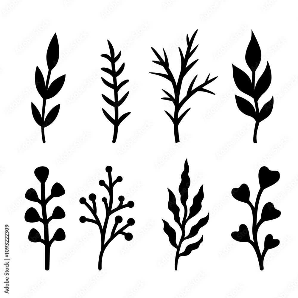 Silhouettes of twigs, leaves. Vector autumn or summer illustrations. Isolated on white background. Flat style. Simple plant outlines for paper or laser cutting and printing on any surface. Silhouettes of twigs, leaves. Vector autumn or summer illustrations. Isolated on white background. Flat style. Simple plant outlines for paper or laser cutting and printing on any surface.