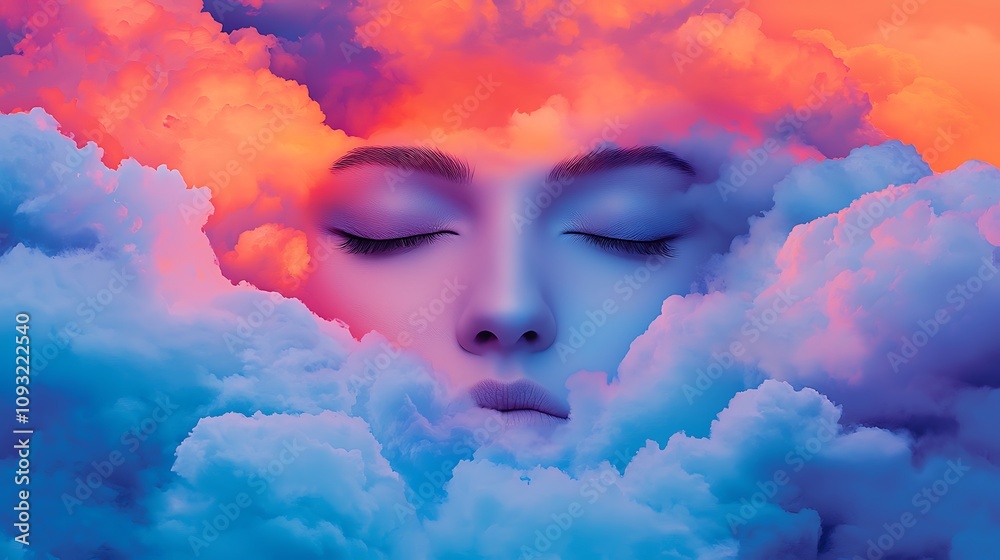 Abstract Portrait of a Woman's Face Surrounded by Colorful Clouds in a Dreamlike Setting, Merging Emotions with ethereal Elements in a Striking Visual Composition Abstract Portrait of a Woman's Face Surrounded by Colorful Clouds in a Dreamlike Setting, Merging Emotions with ethereal Elements in a Striking Visual Composition