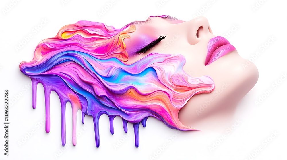 Abstract portrait of a woman with vibrant, flowing paint in shades of pink, purple, and blue, capturing an artistic representation of beauty and creativity. Abstract portrait of a woman with vibrant, flowing paint in shades of pink, purple, and blue, capturing an artistic representation of beauty and creativity.