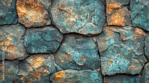 An artistic composition of a turquoise stone wall, highlighting orange and teal accents, creating a vibrant palette for contemporary and historical designs in art and architecture. photo