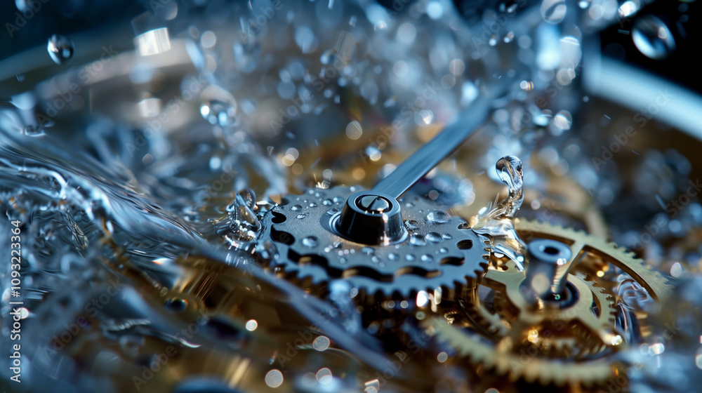 Close-up of water splashing on intricate clock gears. Close-up of water splashing on intricate clock gears.