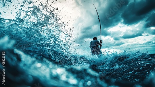 A lone angler fishing in turbulent waters against a dramatic sky with splashing waves.