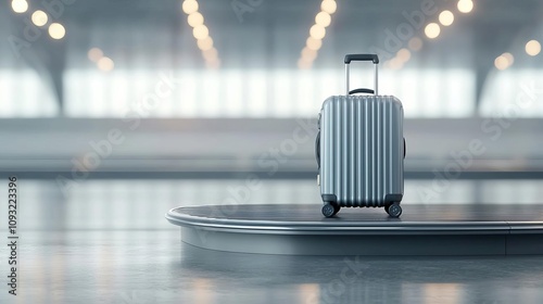 A modern suitcase on a baggage claim carousel in an airport setting.