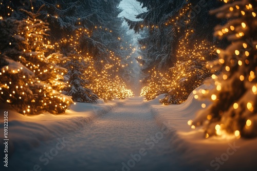 Enchanted Winter Pathway Illuminated by Warm String Lights amidst Snow-Covered Trees Creating a Magical Holiday Atmosphere in a Serene Forest Scene