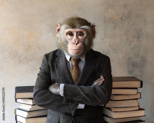 Mischievous Monkey in Business Attire Leaning on Textbooks photo