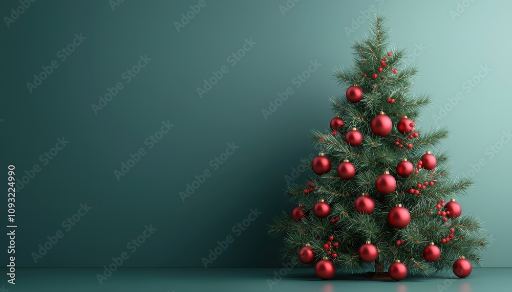 Christmas tree with red decorations, empty background for holiday message, 3D illustrationcloses up Christmas tree with red decorations, empty background for holiday message, 3D illustrationcloses up
