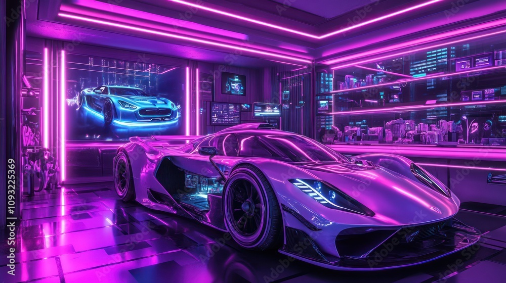 A futuristic high-tech workspace with a holographic projection of a luxury car, interactive interface, and soft ambient neon light A futuristic high-tech workspace with a holographic projection of a luxury car, interactive interface, and soft ambient neon light