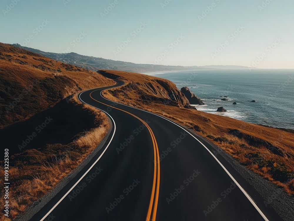 Fototapeta premium Winding coastal road with asphalt surface, overlooking the ocean, coastal highway, scenic drive