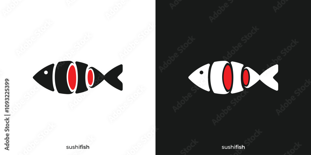 Simple Sushi Fish Logo. Fish anf Sushi Roll with Minimalist Style. Food Logo, Icon, Symbol, Vector, Design Template.