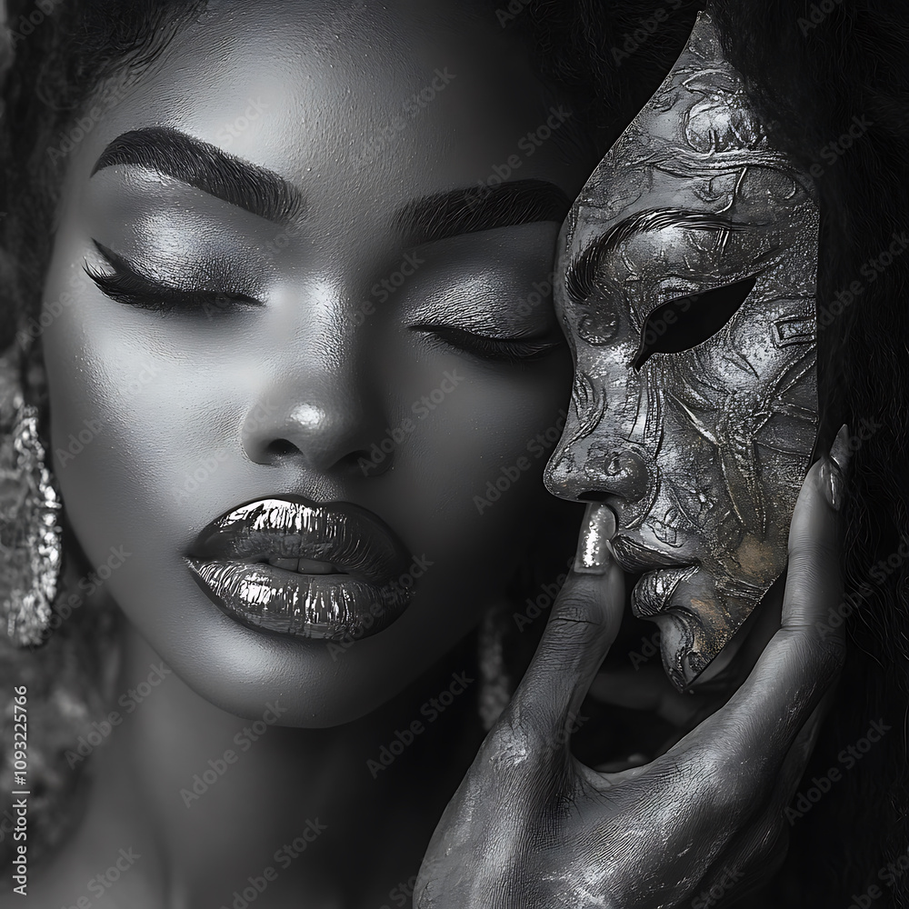 striking black and white portrait of beautiful black woman, showcasing her serene expression and intricate mask. contrast highlights her features and artistry of mask striking black and white portrait of beautiful black woman, showcasing her serene expression and intricate mask. contrast highlights her features and artistry of mask