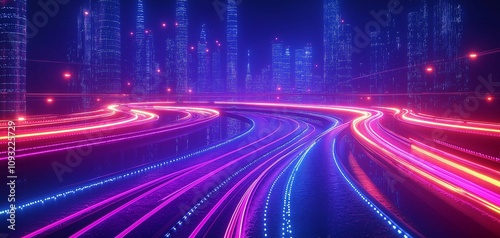 Vibrant Cityscape at Night with Colorful Neon Lights Illuminating Roads and Skyscrapers in a Futuristic Urban Landscape