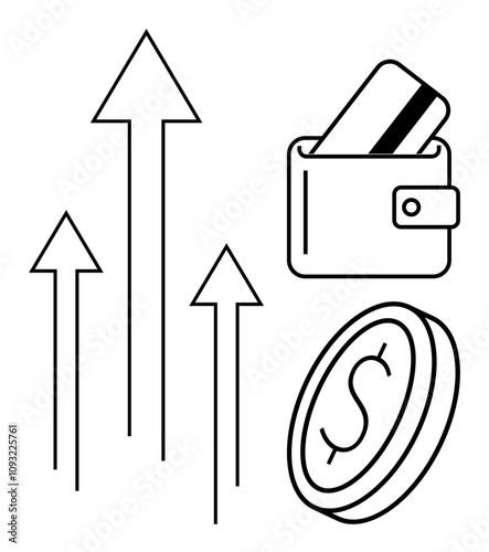 Wallet holding a credit card, a dollar coin, and increasing arrows. Ideal for financial growth, investment, banking, savings, economic progress budget management and payment systems. Line metaphor