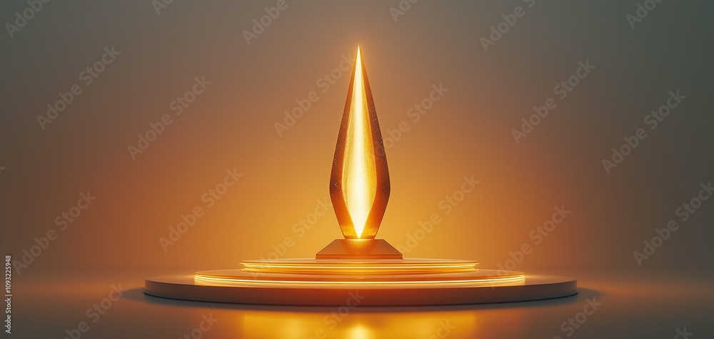 Fototapeta premium Elegant Golden Flame Sculpture on a Subtle Circular Base with a Soft Background, Symbolizing Inspiration, Creativity, and Passion in a Modern Artistic Style