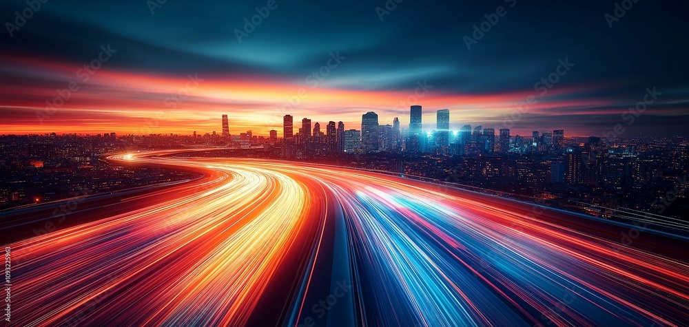 Dynamic Night View of City Skyline with Bright Light Trails from Fast-Moving Traffic Against a Dramatic Sky in Vibrant Colors
