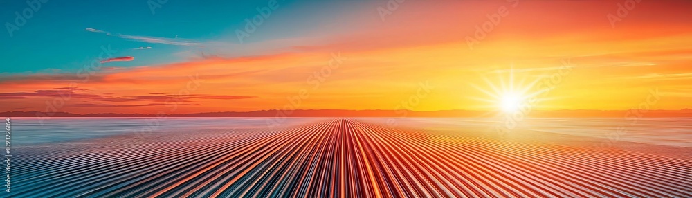 Naklejka premium Vibrant sunset over serene waters with gradient skies and tranquil horizons.