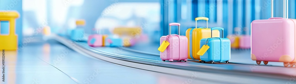 Vibrant travel bags on an airport conveyor, symbolizing adventure and journey. Vibrant travel bags on an airport conveyor, symbolizing adventure and journey.