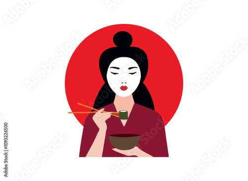 Elegant Japanese Woman Eating Sushi - Minimalist Red and White Illustration