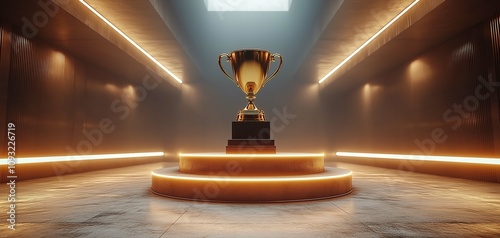 Golden Trophy on Pedestal Surrounded by Dramatic Lighting in Modern Hallway, Symbolizing Achievement, Success, and Victory in a Competitive Environment
