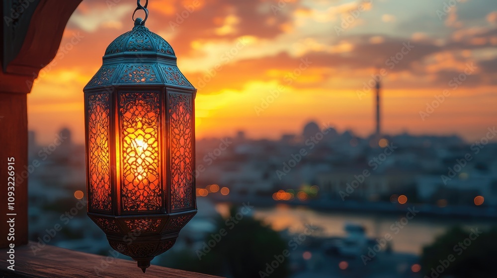 Ornate Lantern Casting Warm Light Against City Twilight
