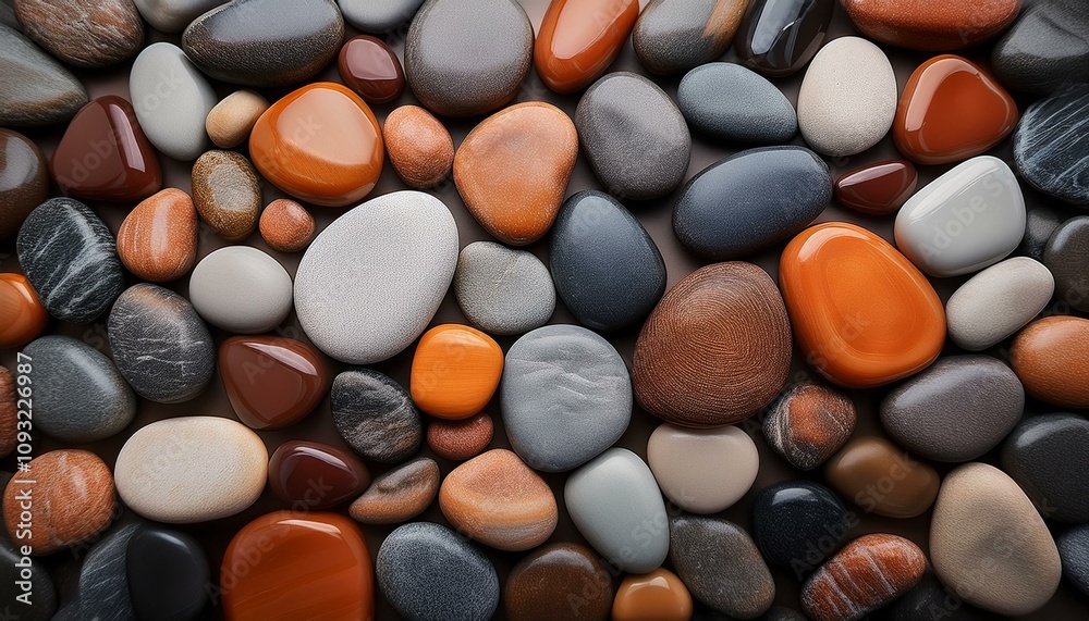 Smooth, colorful stones arranged in a captivating pattern. Shades of gray, brown, and orange create a natural, textured background. Smooth, colorful stones arranged in a captivating pattern. Shades of gray, brown, and orange create a natural, textured background.