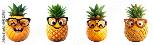 Smiling Pineapples with Glasses on Transparent Background