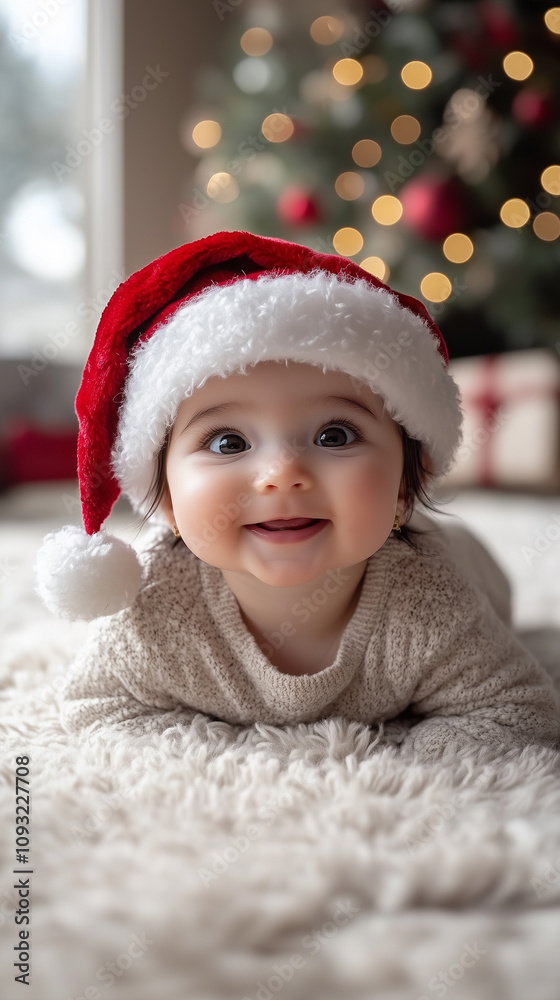 Indian baby in Santa hat, Merry Christmas and Happy New Year, banner Indian baby in Santa hat, Merry Christmas and Happy New Year, banner