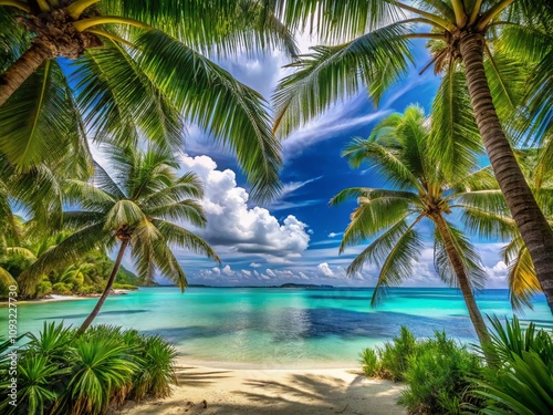 Panoramic View of a Serene Tropical Beach Framed by Lush Palm Tree Branches, Capturing the Essence of Paradise with Crystal Clear Waters and Soft White Sands