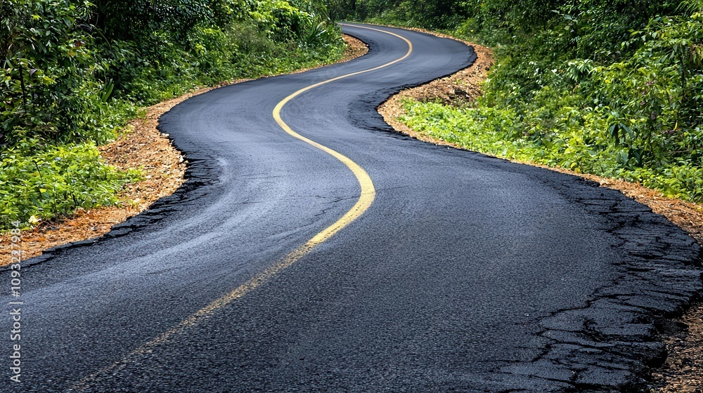 Obraz premium Rural road with patched asphalt and overgrown edges, showing signs of neglect, rural road, worn infrastructure